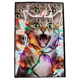 Festive Cat Gift Bag with Holiday Lights ミディアムペーパーバッグ