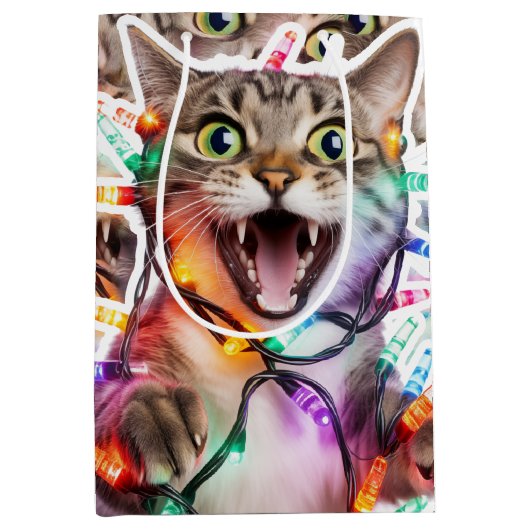 Festive Cat Gift Bag with Holiday Lights ミディアムペーパーバッグ (正面)