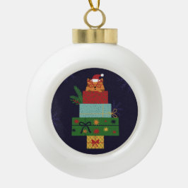 Festive Cat in Gift Stack Ornament セラミックボールオーナメント