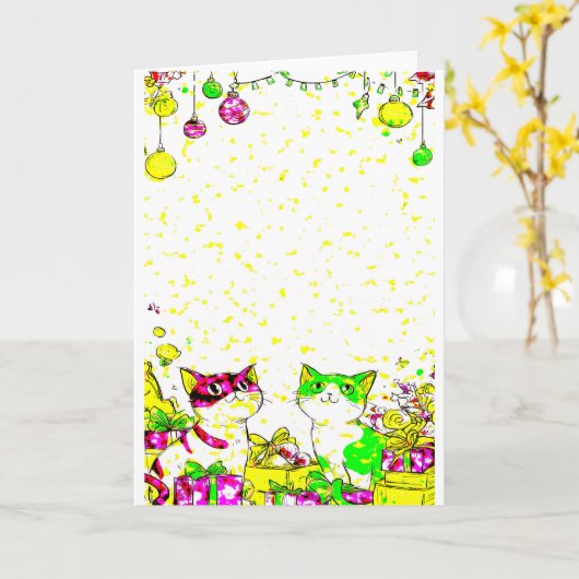 Festive Cats with Gifts  カード (黄色い花)