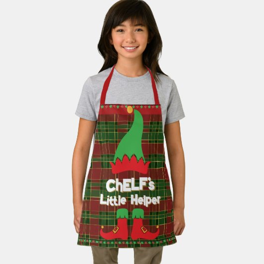 Festive Chef Elf Little Helper Red Green Tartan エプロン (インサイチュ)