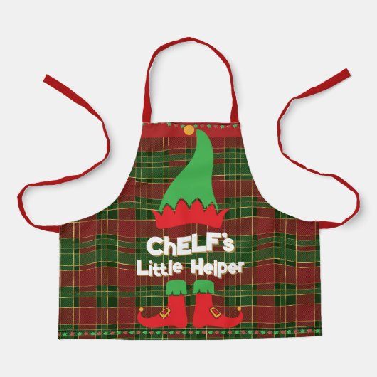 Festive Chef Elf Little Helper Red Green Tartan エプロン (正面)