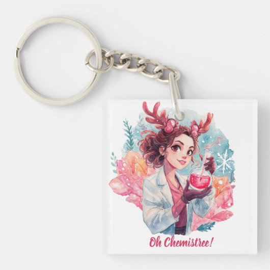 Festive Chemist Girl Watercolor Science Art キーホルダー (正面)