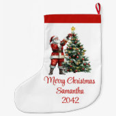 Festive Chic Santa Claus Red White Rustic Holiday ラージクリスマスストッキング (裏面)