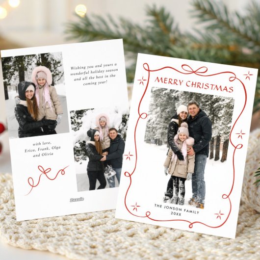 Festive Christmas Boho Red Bow Ribbon 3 Photo シーズンカード