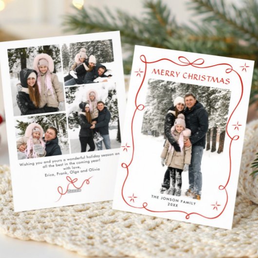 Festive Christmas Boho Red Bow Ribbon 5 Photo シーズンカード