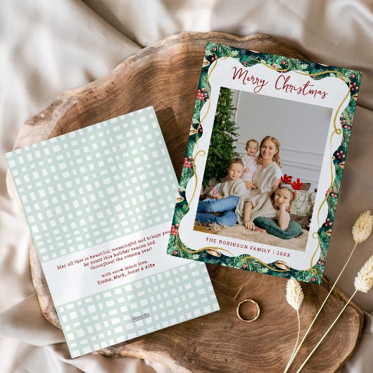 Festive Christmas Botanical Greenery Pattern Photo シーズンカード