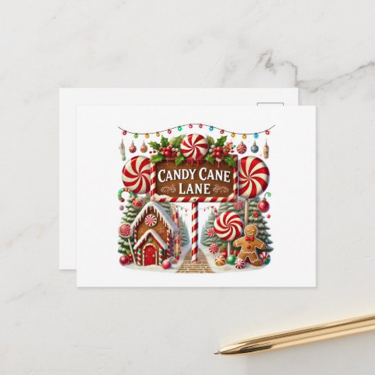 Festive Christmas Candy Cane Lane  シーズンポストカード (正面/裏面インサイチュ)