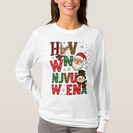 Festive Christmas Characters Letter Art T-Shirt Tシャツ (正面)
