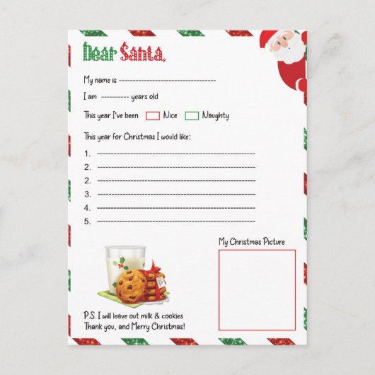 Festive Christmas dear Santa letter シーズンポストカード (正面)