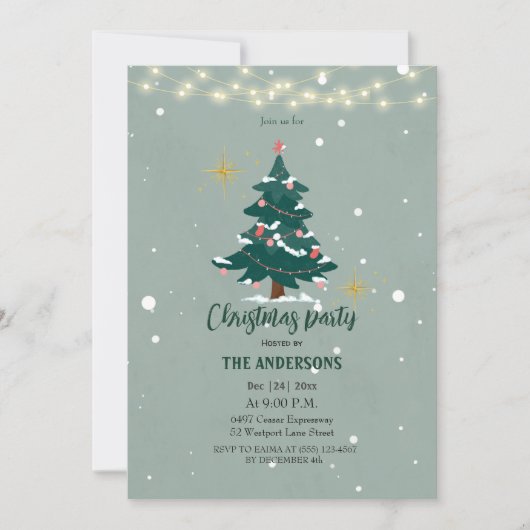 Festive Christmas Dinner Invitation-Snowflake Tree 招待状 (正面)