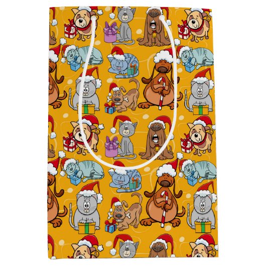 Festive Christmas Dogs and Cats  ミディアムペーパーバッグ (正面)