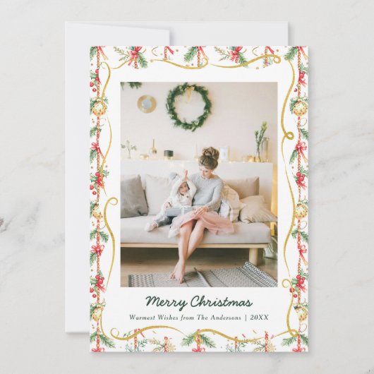 Festive Christmas Garland & Bow Pattern 1 Photo シーズンカード (正面)