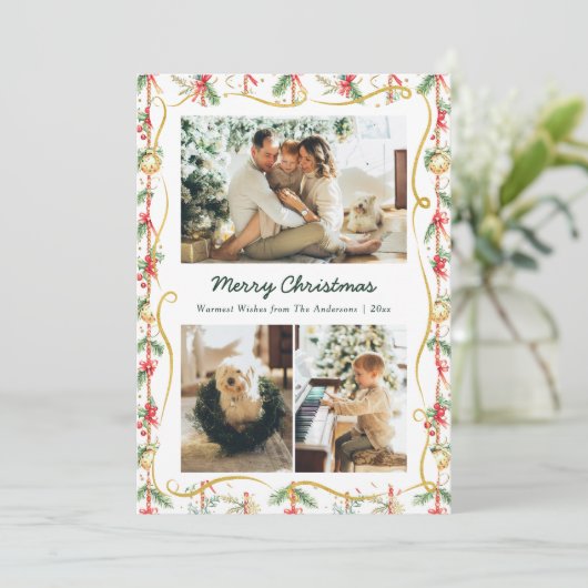 Festive Christmas Garland & Bow Pattern 3 Photo シーズンカード (スタンド正面)