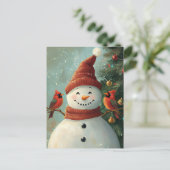 Festive Christmas Greeting Snowman and Cardinals ポストカード (スタンド正面)