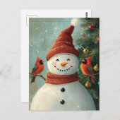 Festive Christmas Greeting Snowman and Cardinals ポストカード (正面/裏面)