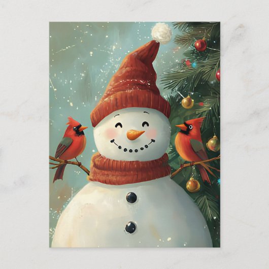 Festive Christmas Greeting Snowman and Cardinals ポストカード (正面)