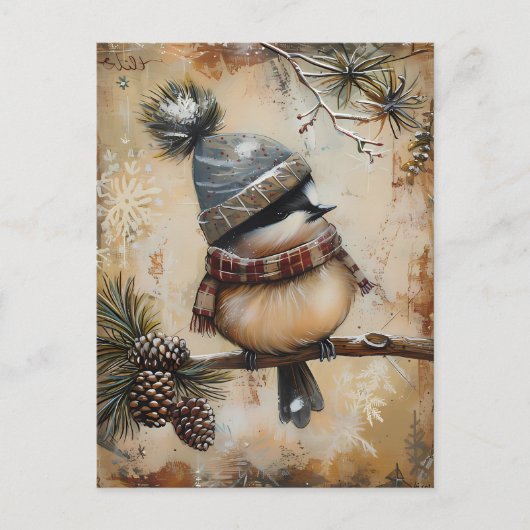 Festive Christmas Greeting with cute Bird ポストカード (正面)