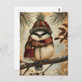 Festive Christmas Greeting with cute Bird ポストカード (正面/裏面)