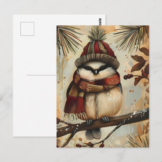 Festive Christmas Greeting with cute Bird ポストカード (正面/裏面)