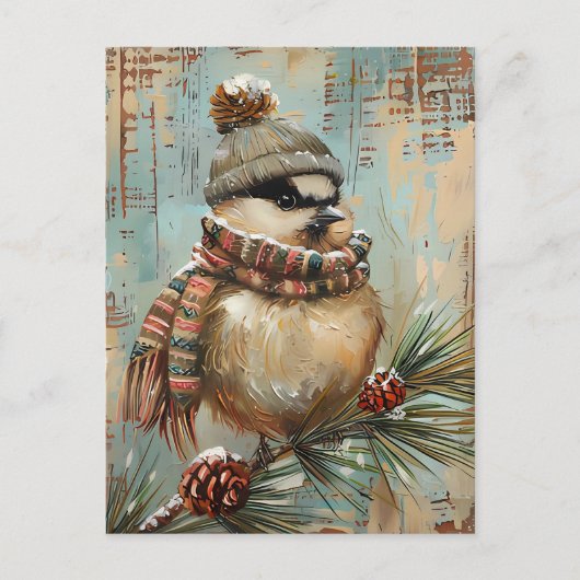 Festive Christmas Greeting with cute Bird ポストカード (正面)