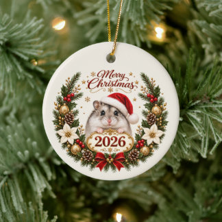 Festive Christmas Hamster in Santa Hat with 2026 セラミックオーナメント