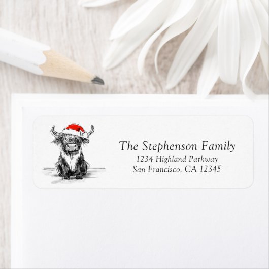 Festive Christmas Highland Cow Return Address ラベル (インサイチュ)