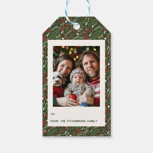 Festive Christmas Holly Leaf Holiday Photo Card ギフトタグ (正面)