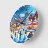 Festive Christmas Ice Skating Scene ラウンド壁時計 (傾斜)
