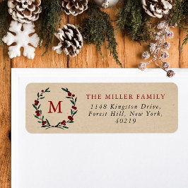 Festive Christmas Monogram Wreath Holiday ラベル