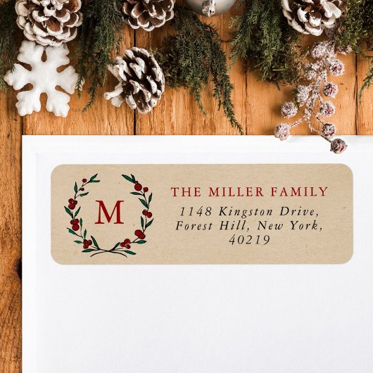 Festive Christmas Monogram Wreath Holiday ラベル