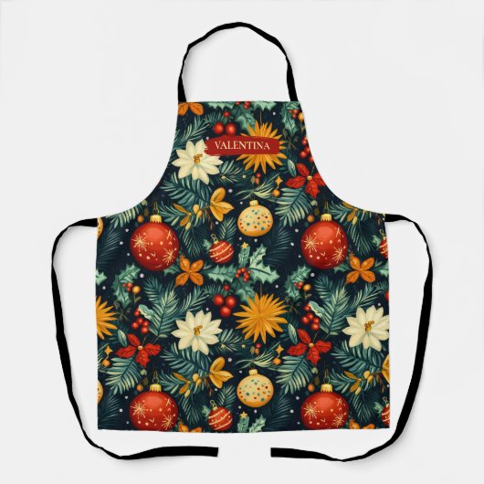 Festive Christmas Ornaments and Foliage Pattern エプロン (正面)