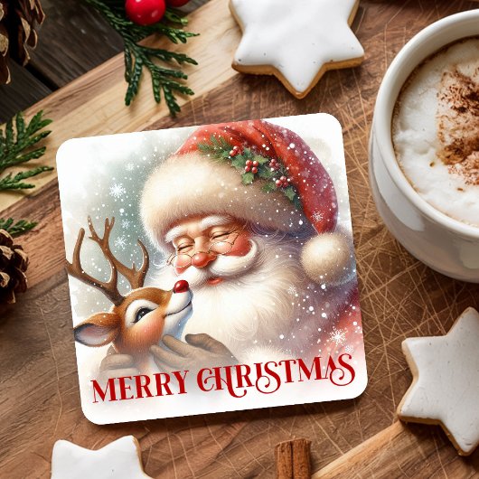 Festive Christmas Paper Coaster Santa Claus Rudolp スクエアペーパーコースター