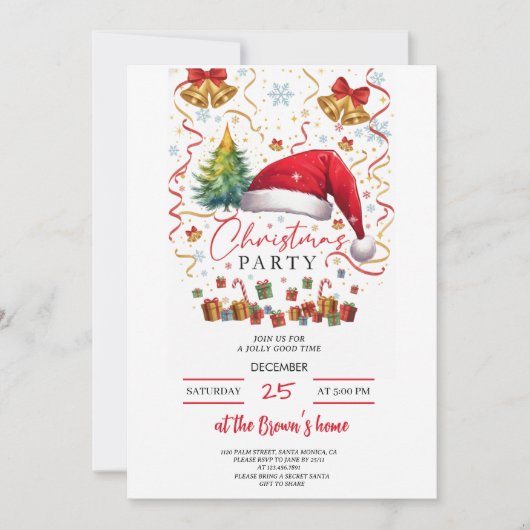 Festive Christmas Party Invitation Red Santa Hat 招待状 (正面)