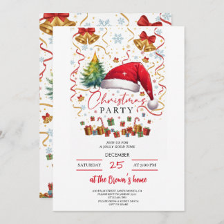 Festive Christmas Party Invitation Red Santa Hat 招待状