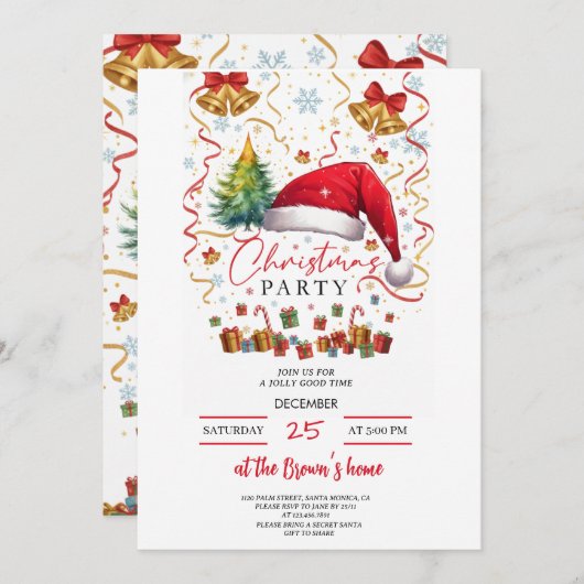 Festive Christmas Party Invitation Red Santa Hat 招待状 (正面/裏面)