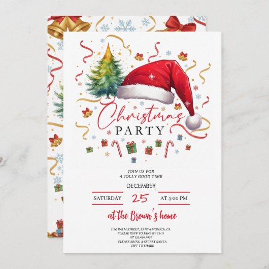 Festive Christmas Party Invitation Red Santa Hat 招待状 (正面/裏面)
