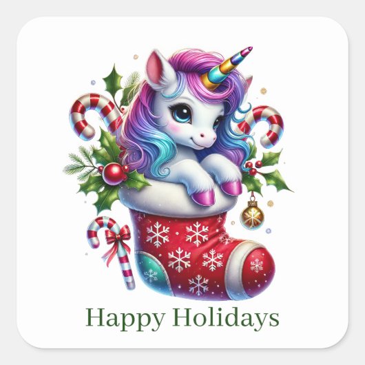 Festive Christmas peppermint unicorn customizable スクエアシール (正面)