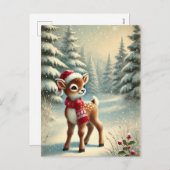 Festive Christmas Reindeer in Snowy Forest シーズンポストカード (正面/裏面)