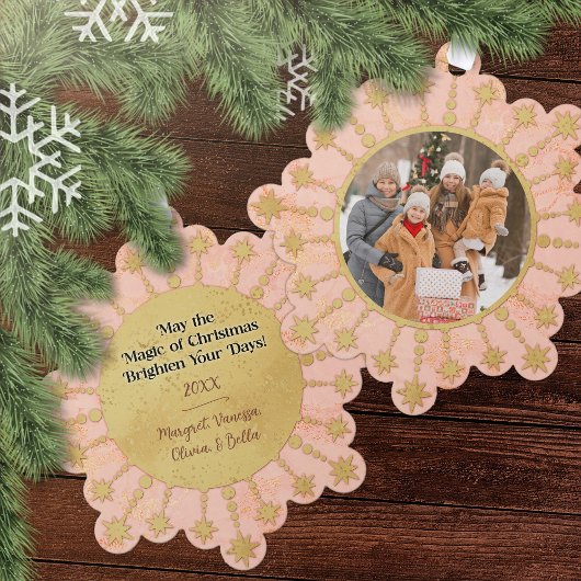 Festive Christmas Star: Pink and Gold Photo オーナメントカード