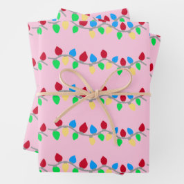 Festive Christmas String Lights on Pink ラッピングペーパーシート