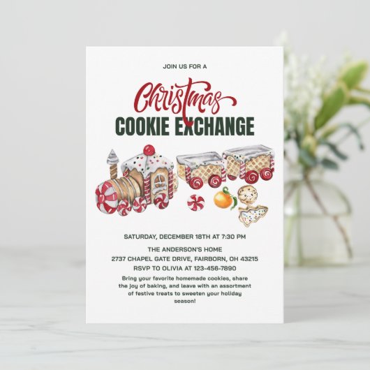 Festive Christmas Train Cookies Exchange Party 招待状 (スタンド正面)