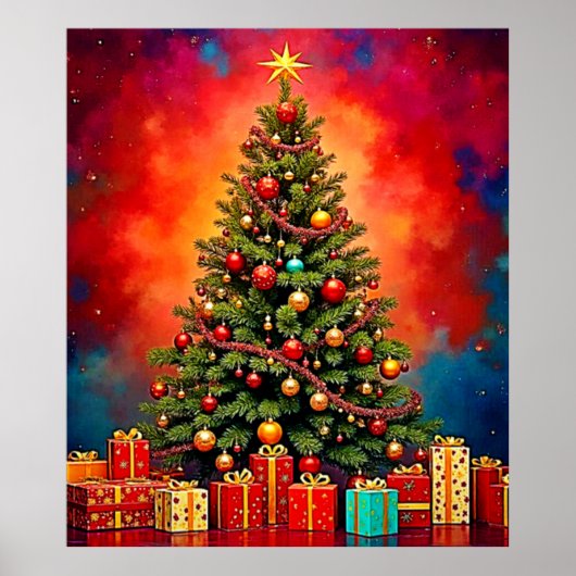 Festive Christmas Tree and Gifts Art ポスター (正面)