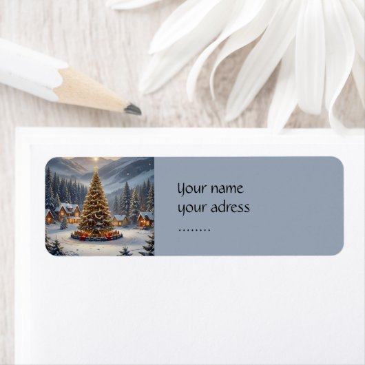 Festive Christmas tree in a mountain village ラベル (インサイチュ)