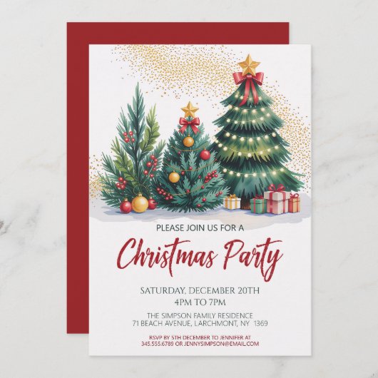 Festive Christmas Tree Party Invitation 招待状 (正面/裏面)