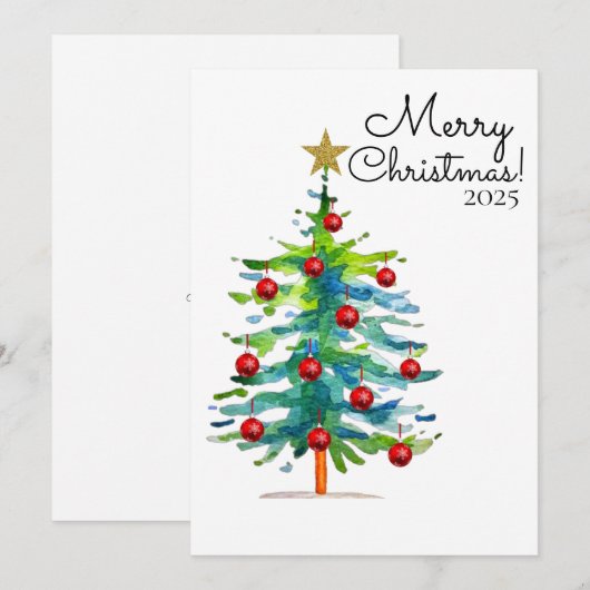 Festive Christmas Tree With Red Ornaments シーズンカード (正面/裏面)