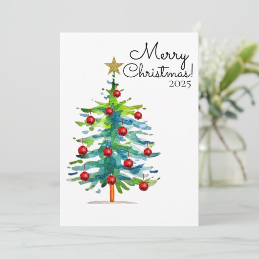 Festive Christmas Tree With Red Ornaments シーズンカード (スタンド正面)