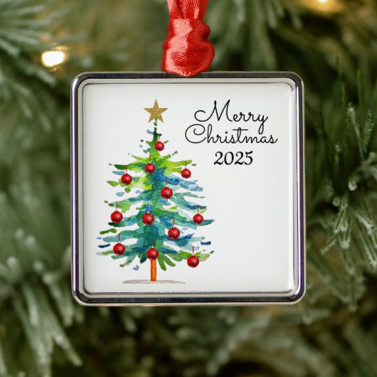 Festive Christmas Tree With Red Ornaments メタルオーナメント (ツリー)