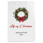 Festive Christmas wreath gift bag personalized tag ミディアムペーパーバッグ (正面)