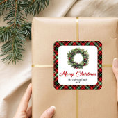 Festive Christmas Wreath Red Green Plaid Labels スクエアシール
